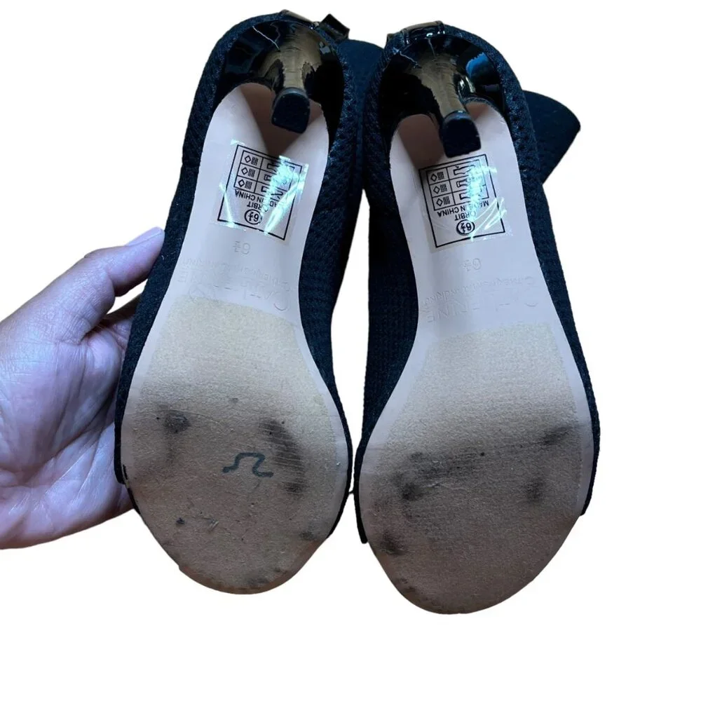 Catherine Malandrino Peep Toe Sock Bootie Heels For Women - Size 6.5 Black Knit - Picture 2 of 4